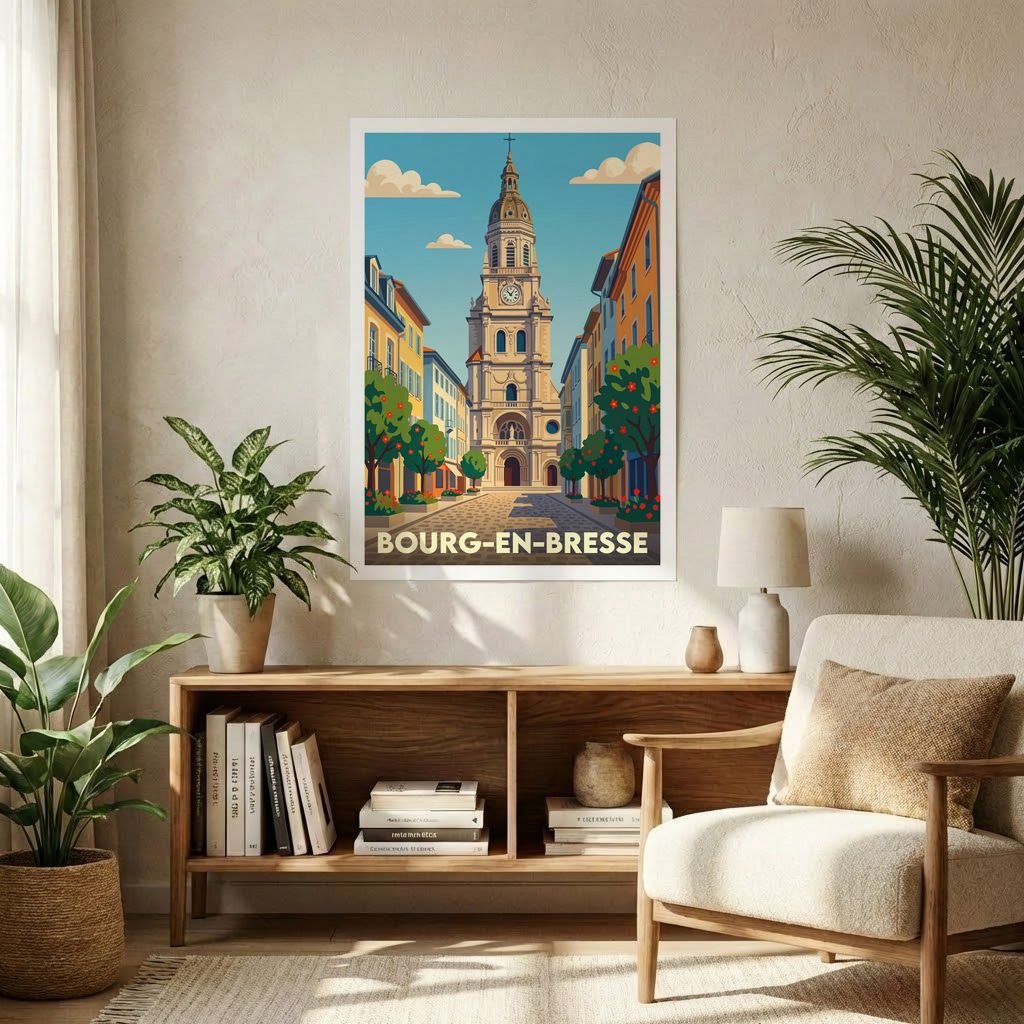 Poster souvenir de la ville de Bourg-en-Bresse avec une illustration stylisée d'une rue menant à son clocher central.
