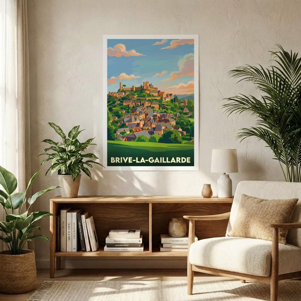 Affiche souvenir de la ville de Brive-la-Gaillarde avec une illustration stylisée de son paysage urbain sur une colline.
