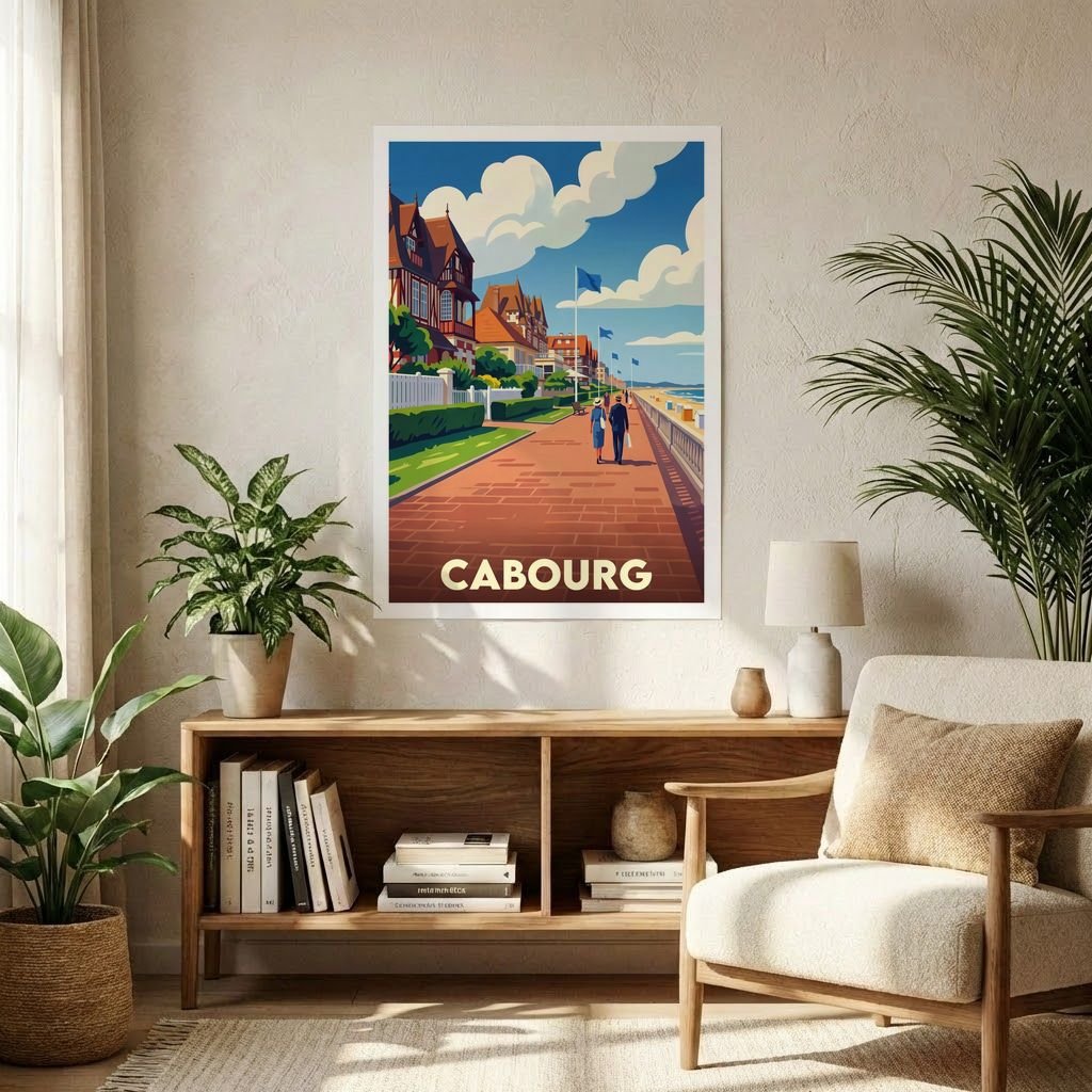 Poster souvenir de la ville de Cabourg avec une illustration stylisée de son front de mer.