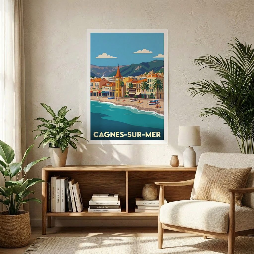 Poster de la ville de Cagnes-sur-Mer avec une illustration stylisée de son paysage côtier.