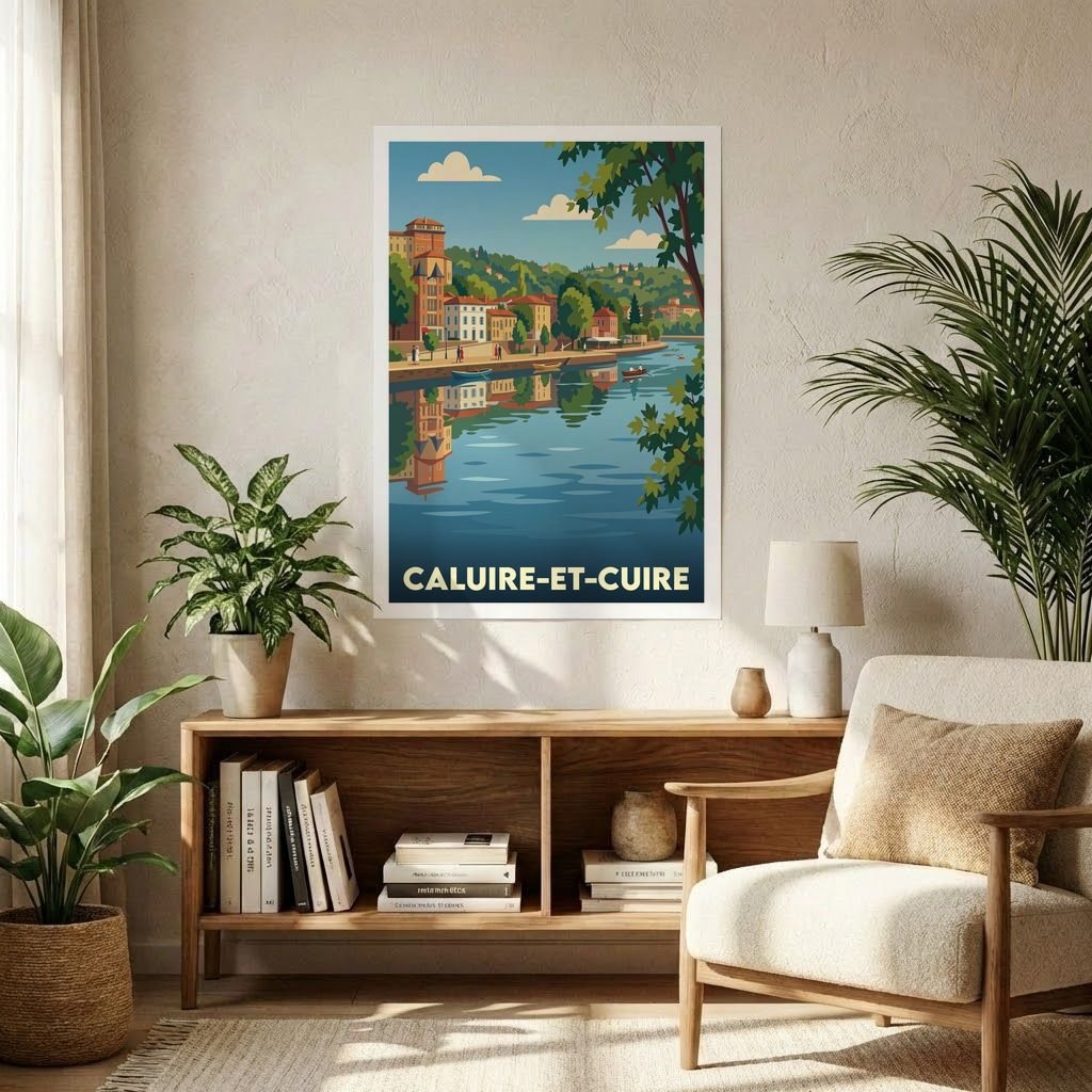 Poster souvenir de la ville de Caluire-et-Cuire avec une illustration stylisée.