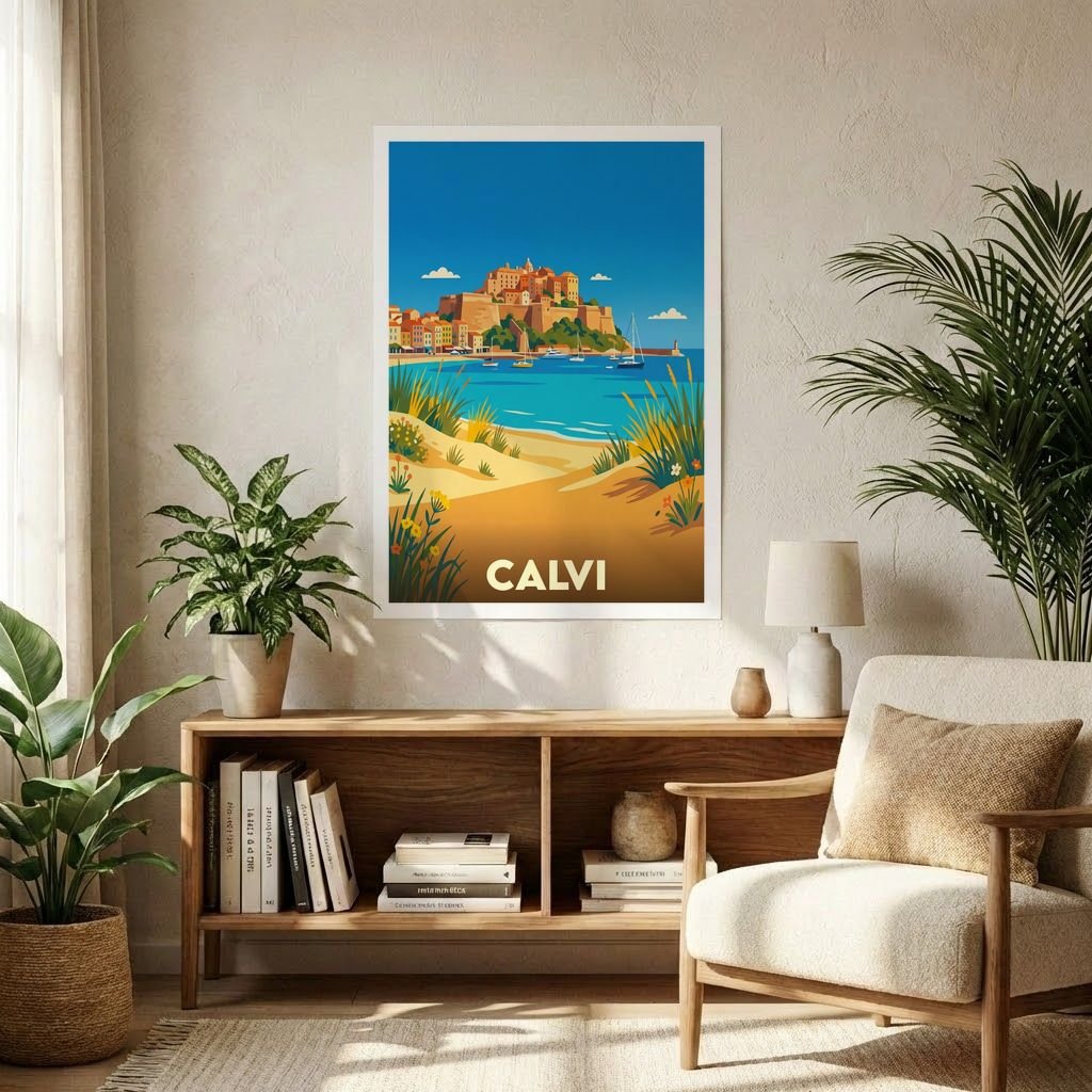 Poster souvenir de la ville de Calvi avec une illustration stylisée de son paysage côtier et de sa citadelle.