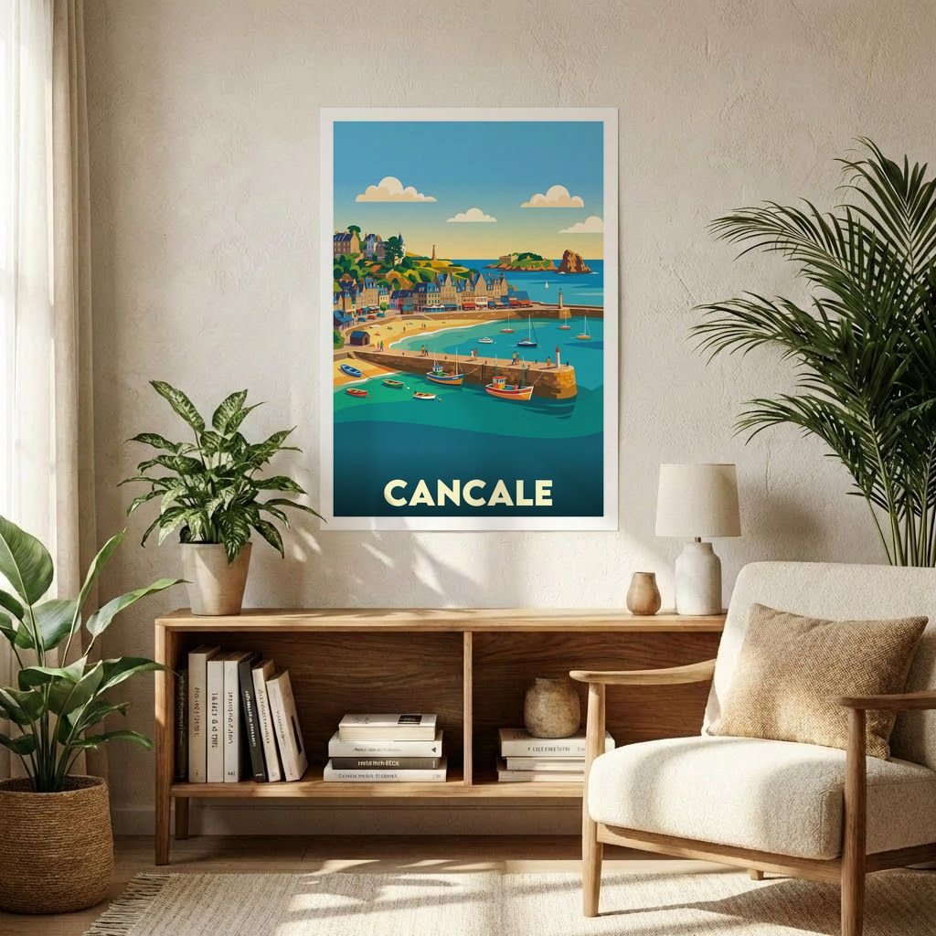 Poster souvenir de la ville de Cancale avec une illustration stylisée.