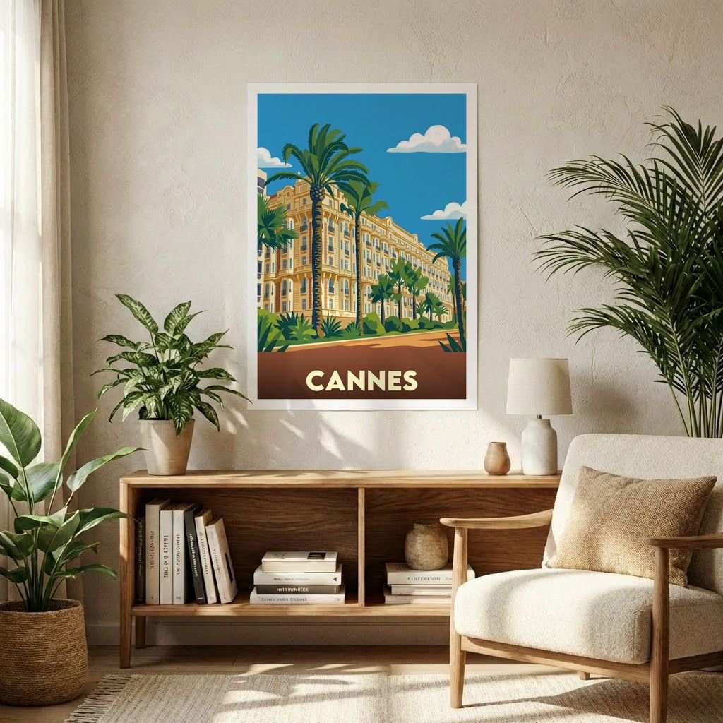 Affiche souvenir de la ville de Cannes avec une illustration stylisée d'un palace et de palmiers.