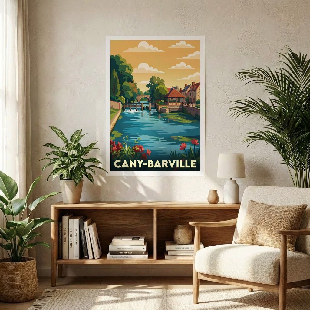 Affiche souvenir de la ville de Cany-Barville avec une illustration paysagère stylisée.