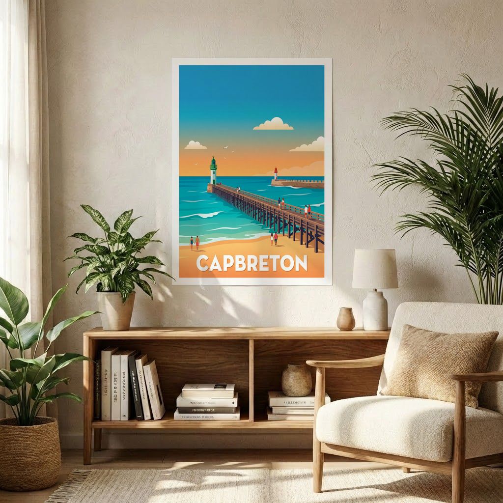 Affiche souvenir de la ville de Capbreton avec une illustration stylisée de son estacade et de sa plage.