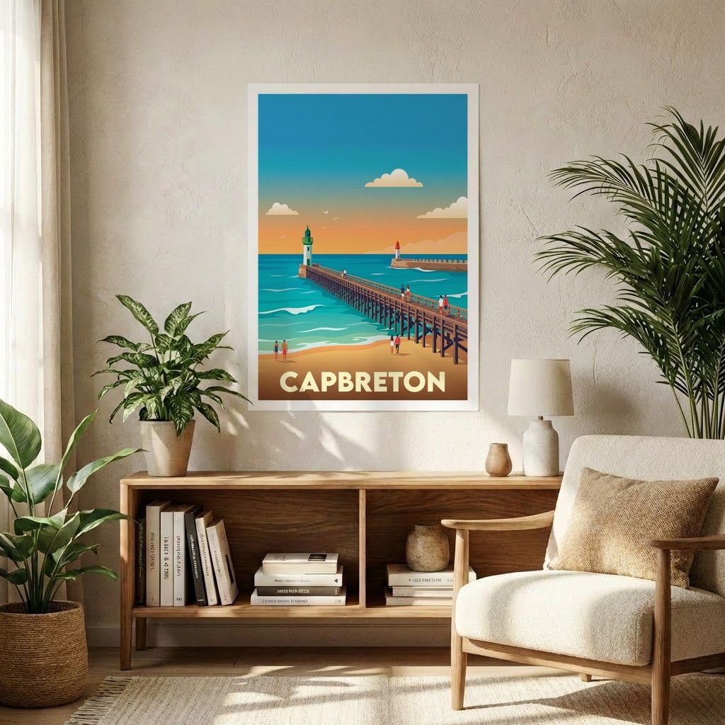 Affiche souvenir de la ville de Capbreton avec une illustration stylisée de son estacade et de sa plage.