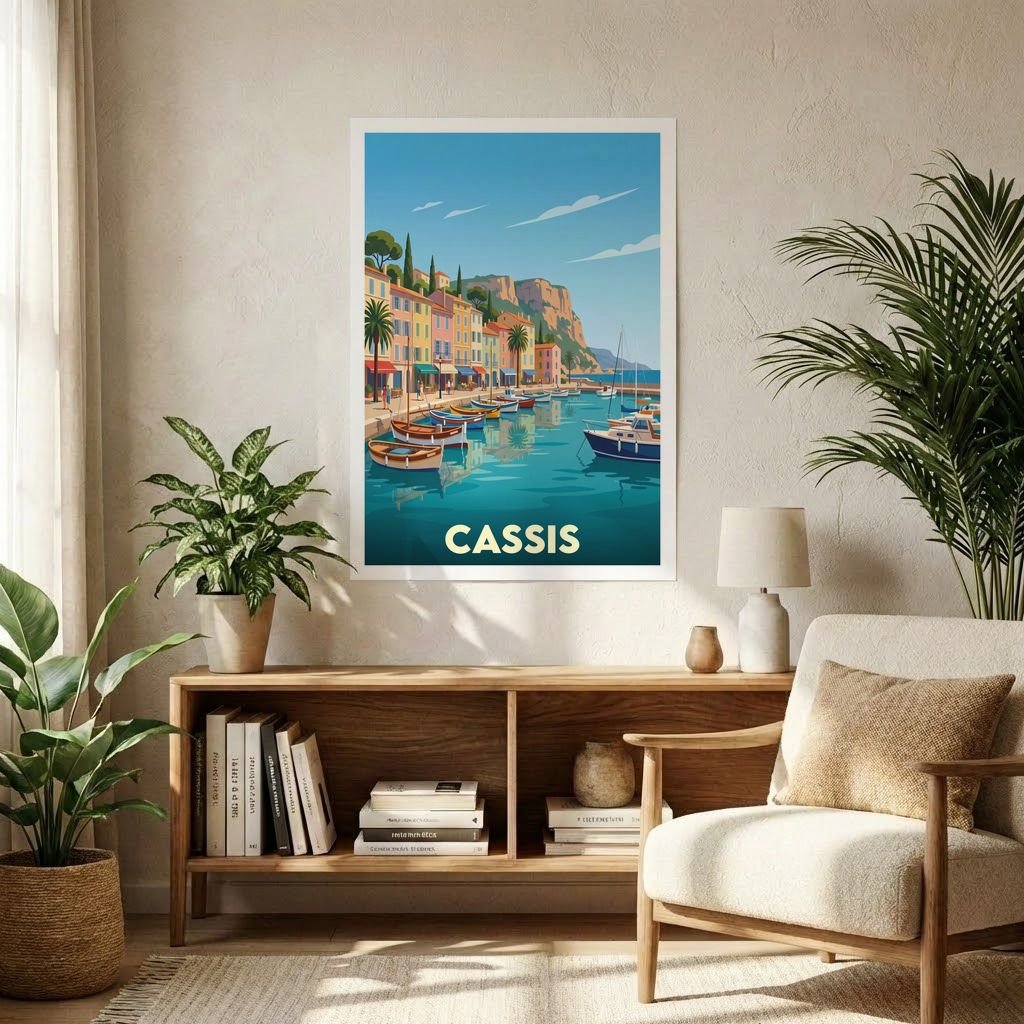 Poster souvenir de la ville de Cassis avec une illustration stylisée de son port coloré.