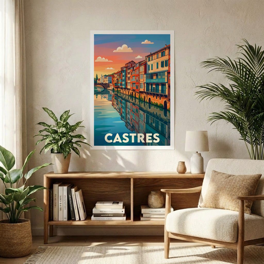 Poster souvenir de la ville de Castres avec une illustration stylisée de ses maisons colorées au bord de l'eau.