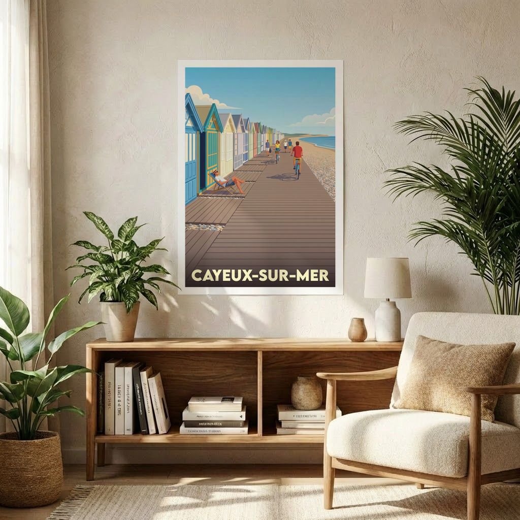 Poster souvenir de la ville de Cayeux-sur-Mer avec une illustration stylisée de ses cabines de plage et de sa promenade en bois.