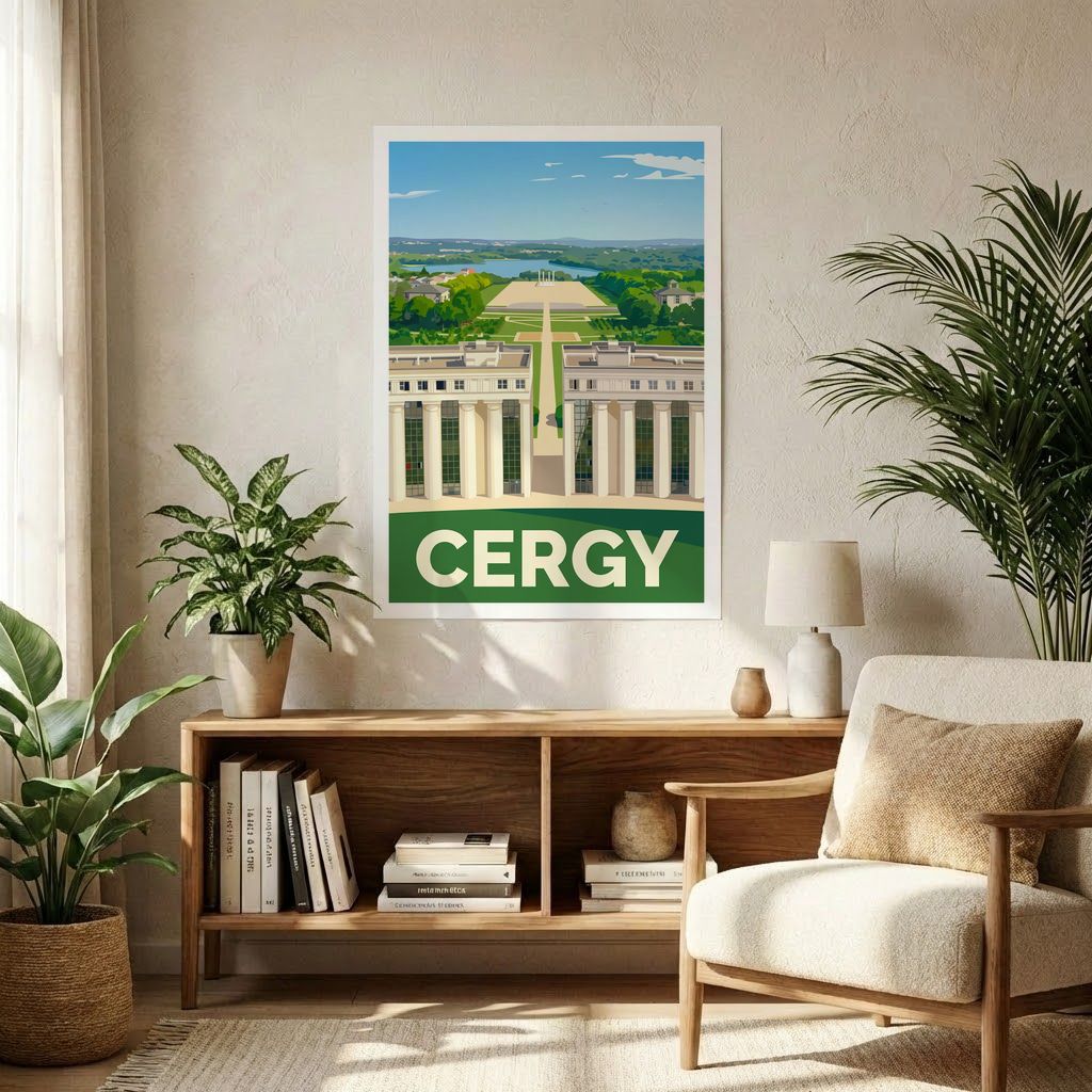 Affiche souvenir de la ville de Cergy avec une illustration stylisée de l'Axe Majeur.