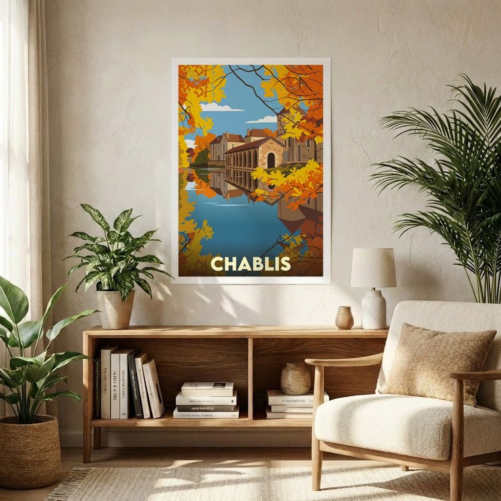 Poster souvenir de la ville de Chablis avec une illustration stylisée de son paysage automnal au bord de l'eau.