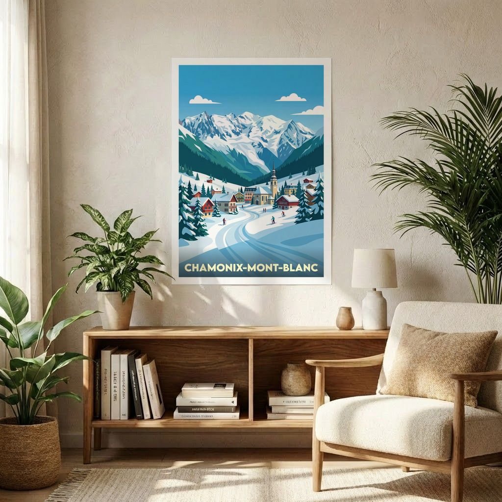 Affiche souvenir de la ville de Chamonix-Mont-Blanc avec une illustration stylisée d'un paysage de montagne enneigé.