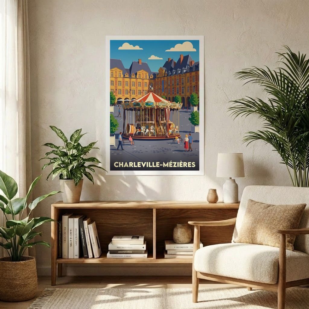 Poster souvenir de la ville de Charleville-Mézières avec une illustration stylisée d’un manège ancien sur une place historique.