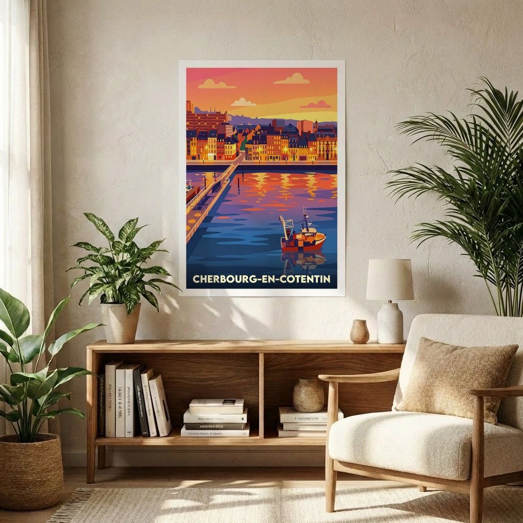 Poster souvenir de la ville de Cherbourg-en-Cotentin avec une illustration stylisée du port au coucher du soleil.