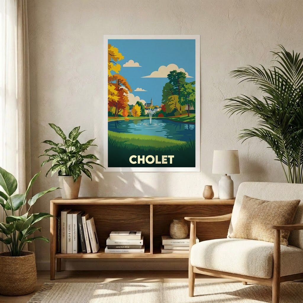 Poster souvenir de la ville de Cholet avec une illustration stylisée d'un parc et de son étang.