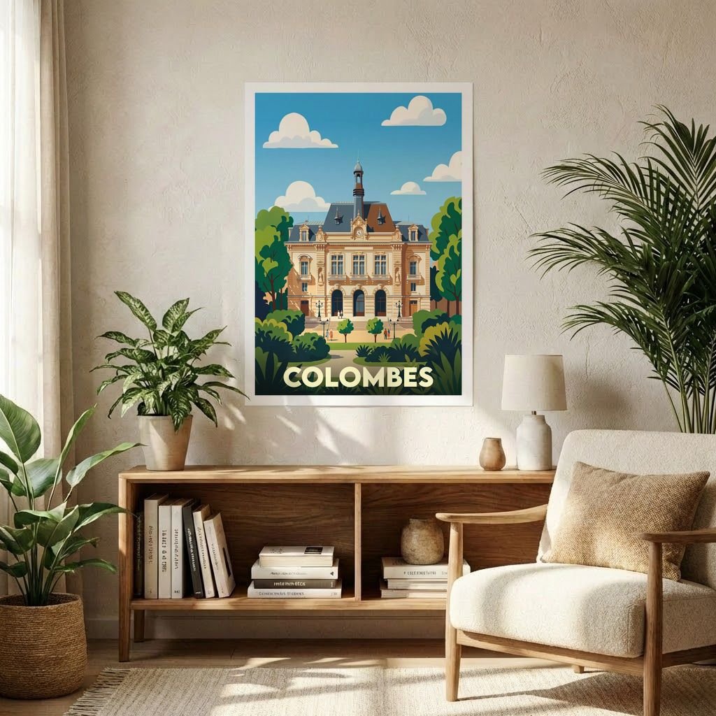 Affiche souvenir de la ville de Colombes avec une illustration stylisée de son hôtel de ville.