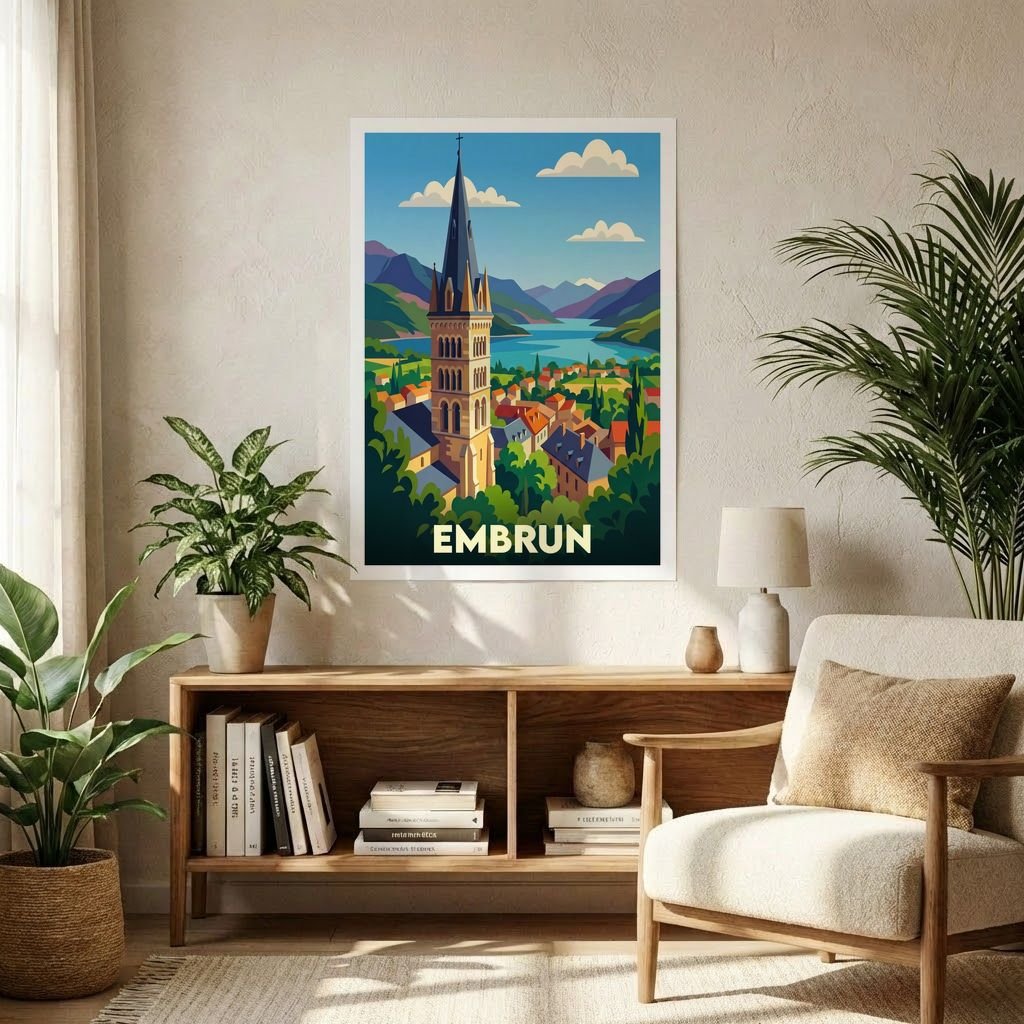 Poster souvenir de la ville d'Embrun avec une illustration stylisée de son clocher et de son paysage montagneux.