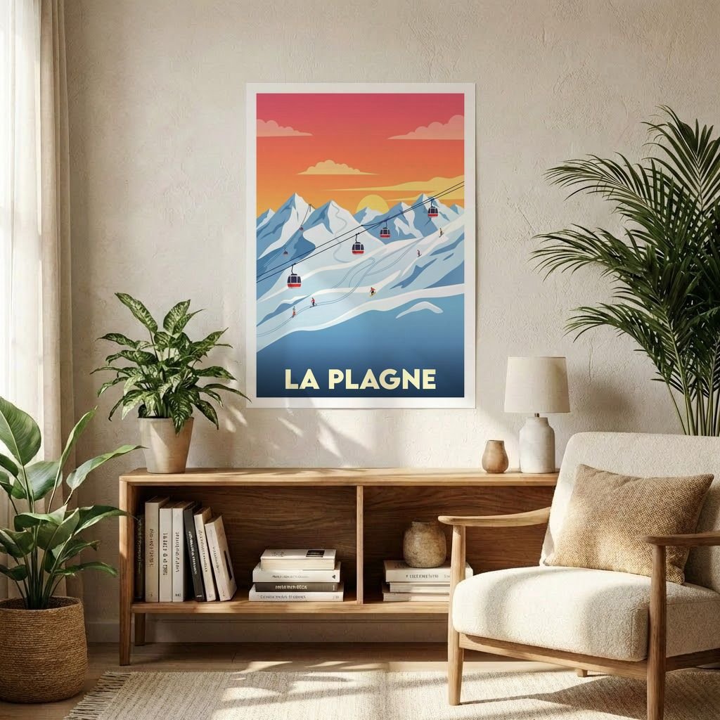 Affiche souvenir de la ville de La Plagne avec une illustration stylisée de montagnes enneigées et de télécabines.
