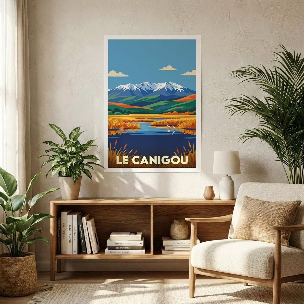 Poster souvenir de Le Canigou avec une illustration stylisée de son sommet enneigé et de son paysage naturel.