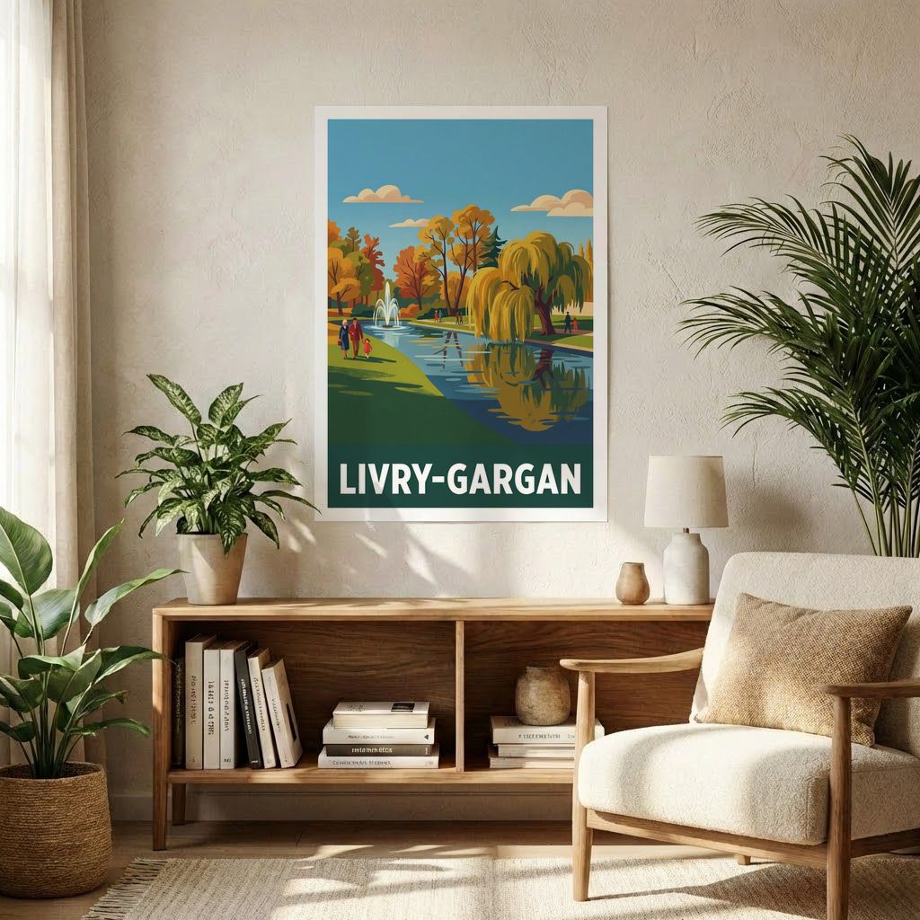 Poster souvenir de la ville de Livry-Gargan avec une illustration stylisée d'un parc arboré au bord de l'eau.