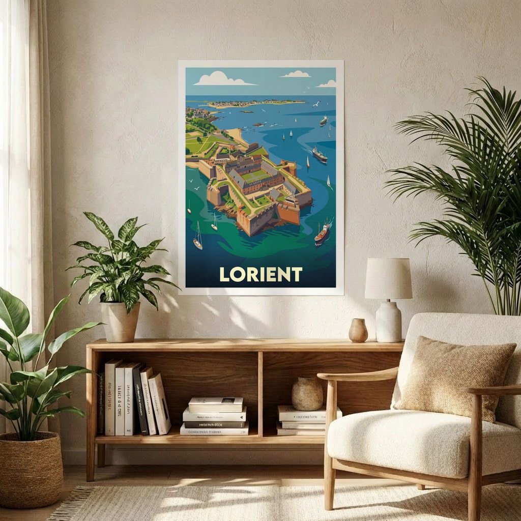 Poster souvenir de la ville de Lorient avec une illustration stylisée de sa citadelle côtière.