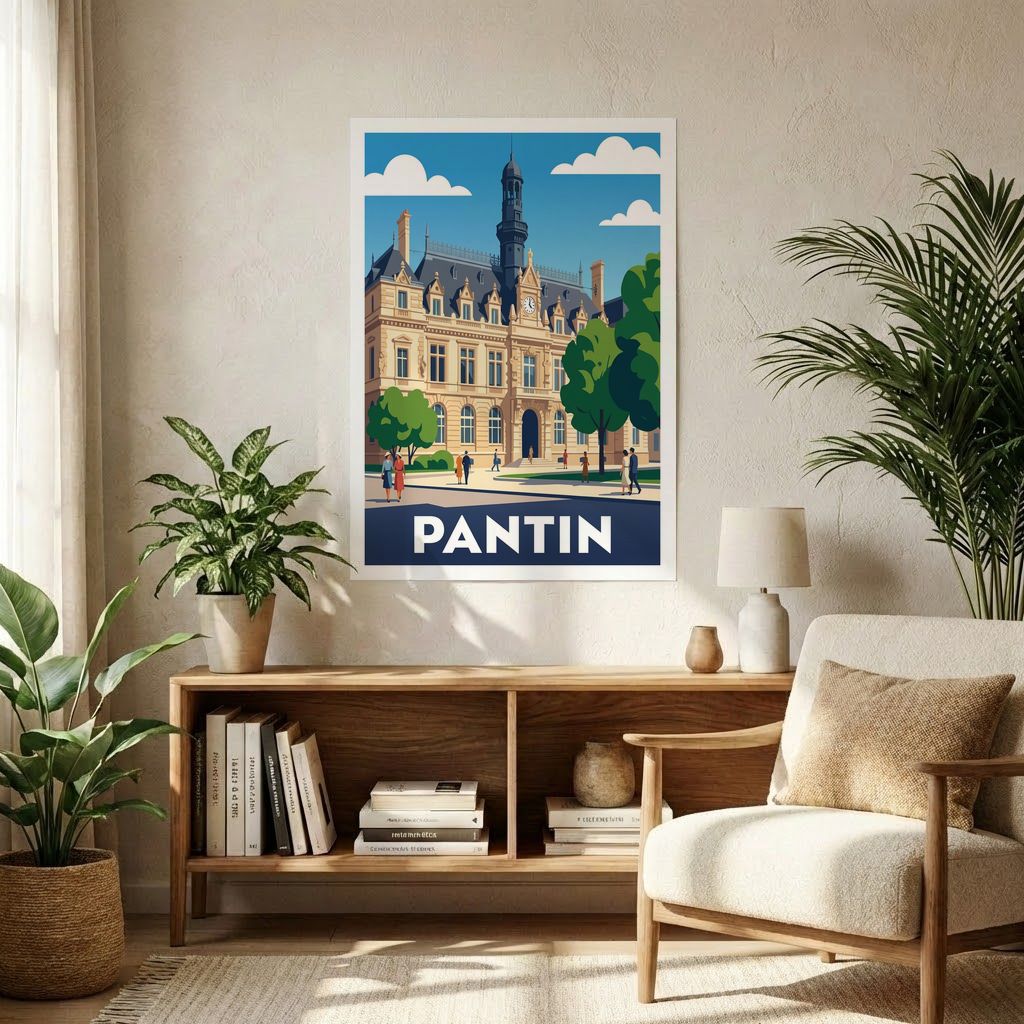 Poster souvenir de la ville de Pantin avec une illustration stylisée de son hôtel de ville.