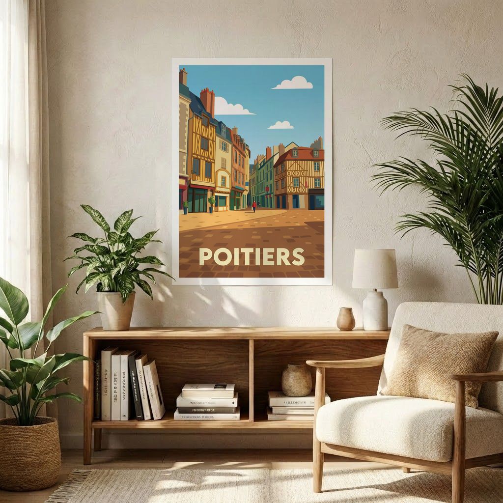 Poster souvenir de la ville de Poitiers avec une illustration stylisée de ses rues historiques et de ses maisons à colombages.
