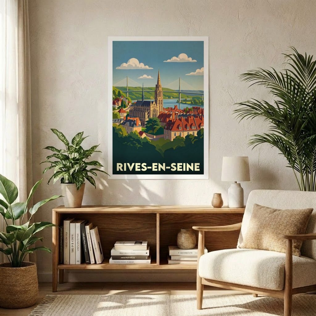 Poster souvenir de la ville de Rives-en-Seine avec une illustration stylisée.