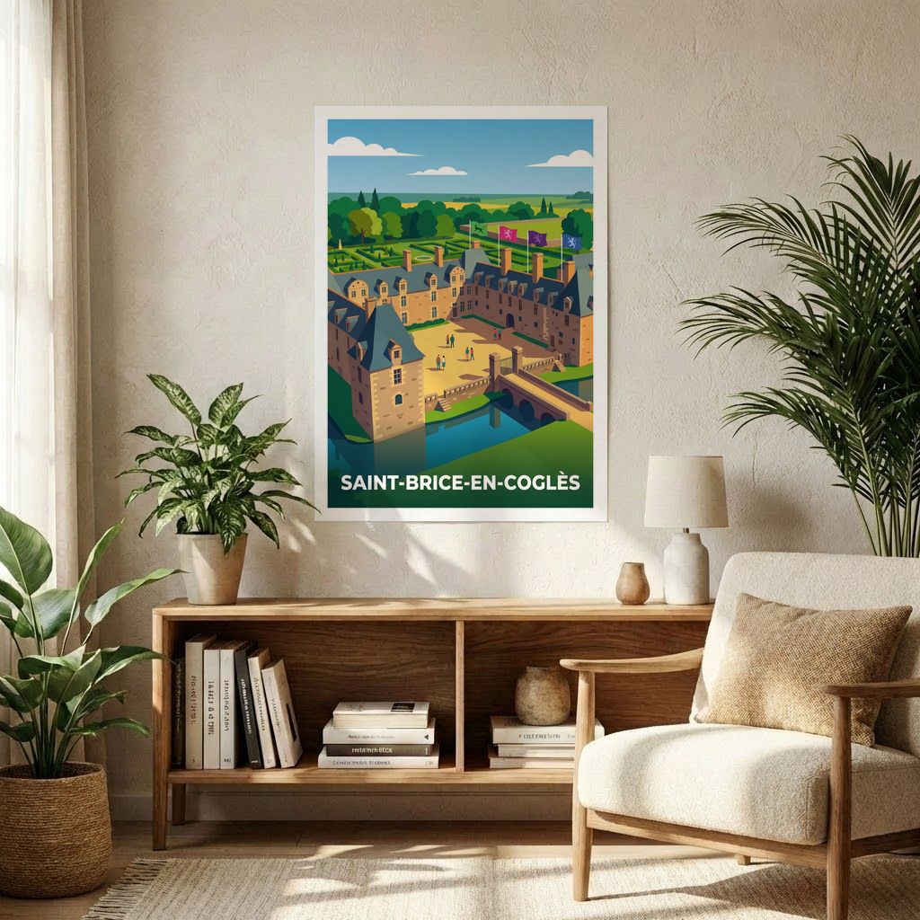 Poster souvenir de la ville de Saint-Brice-en-Coglès avec une illustration stylisée de son château.
