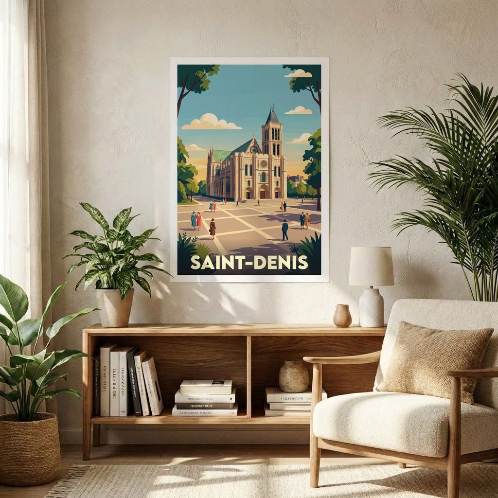 Poster souvenir de la ville de Saint-Denis avec une illustration stylisée.