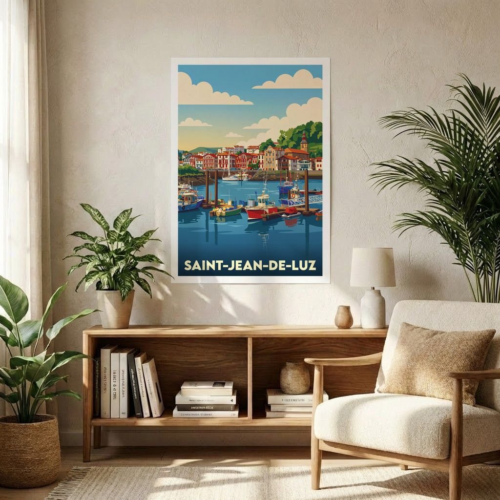 Poster souvenir de la ville de Saint-Jean-de-Luz avec une illustration stylisée de son port de pêche.
