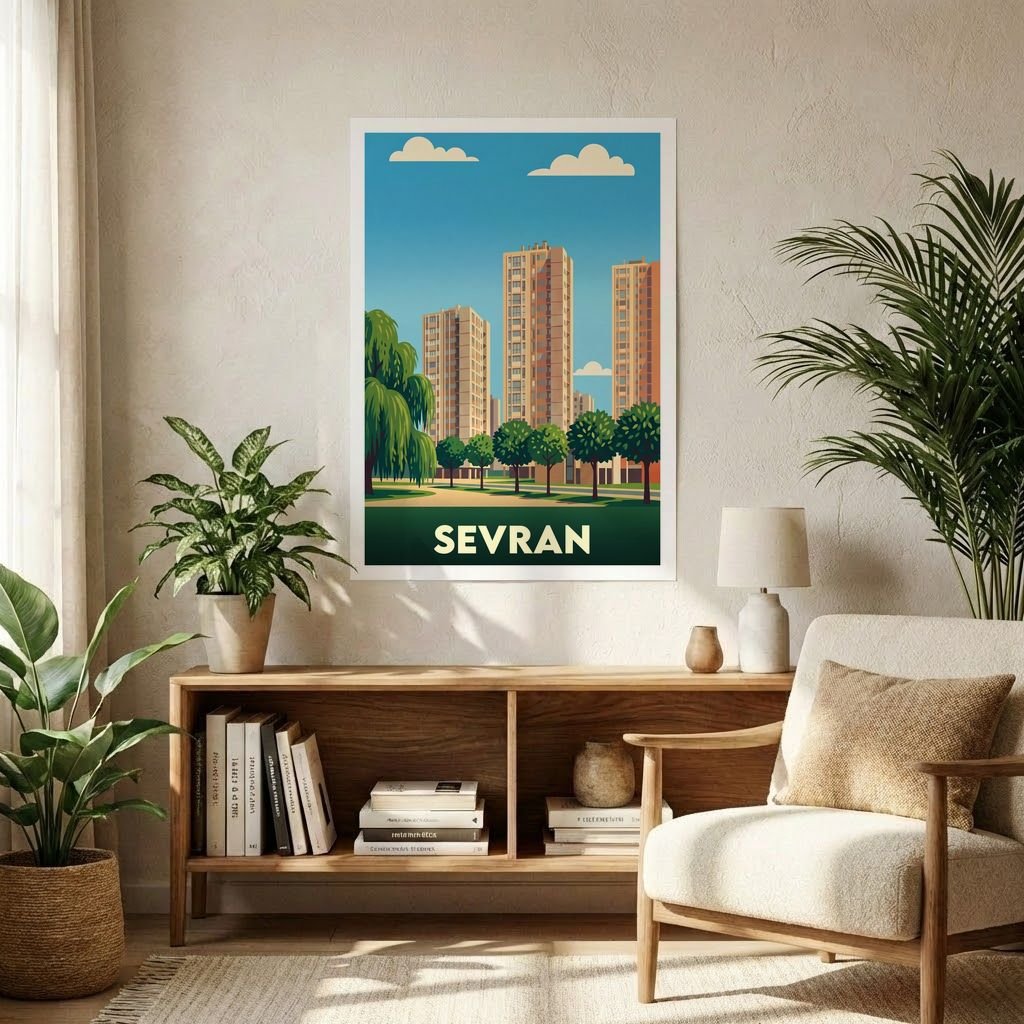 Poster souvenir de la ville de Sevran avec une illustration stylisée de ses immeubles et de sa végétation.