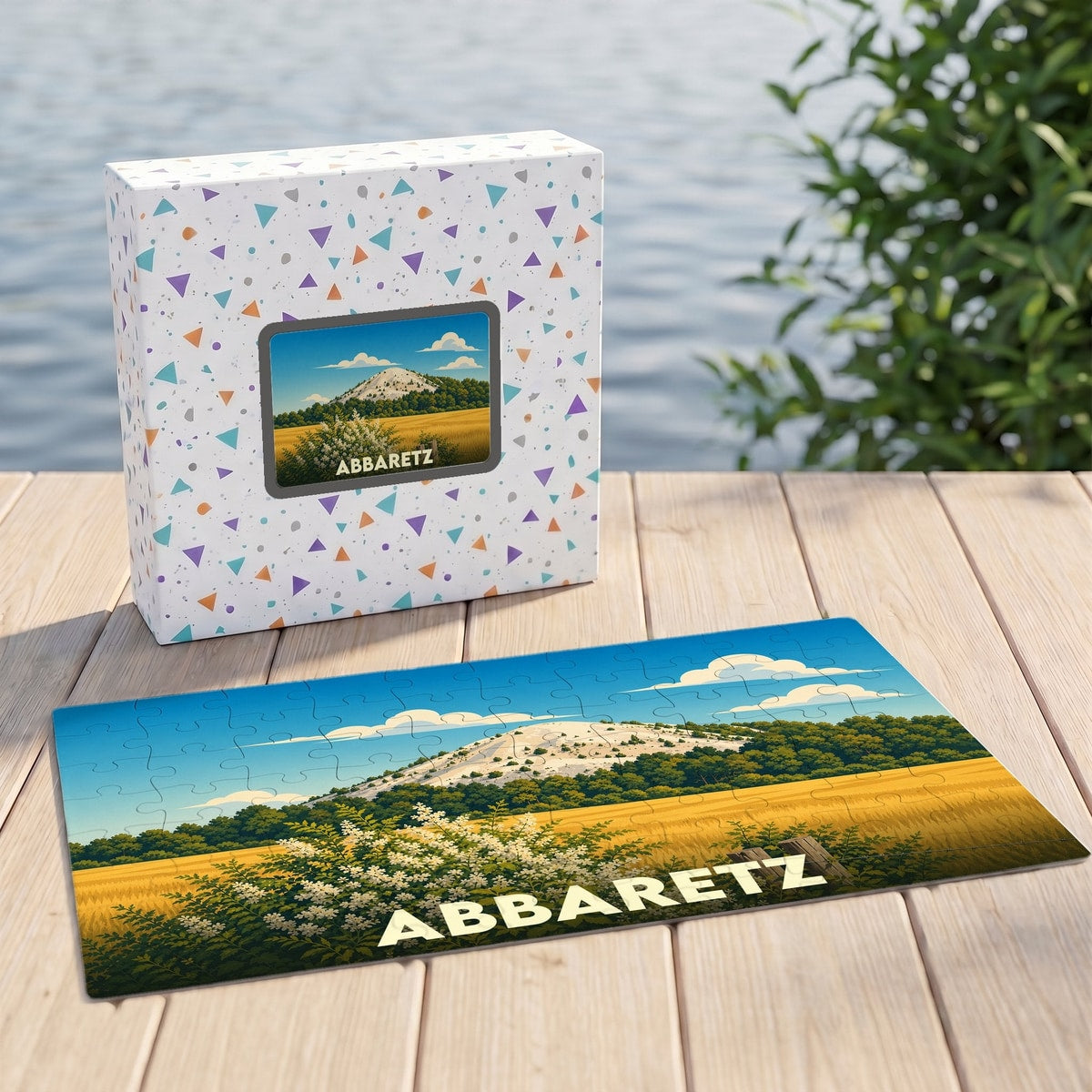 Puzzle souvenir de la ville d'Abbaretz représentant une illustration stylisée de son paysage caractéristique.