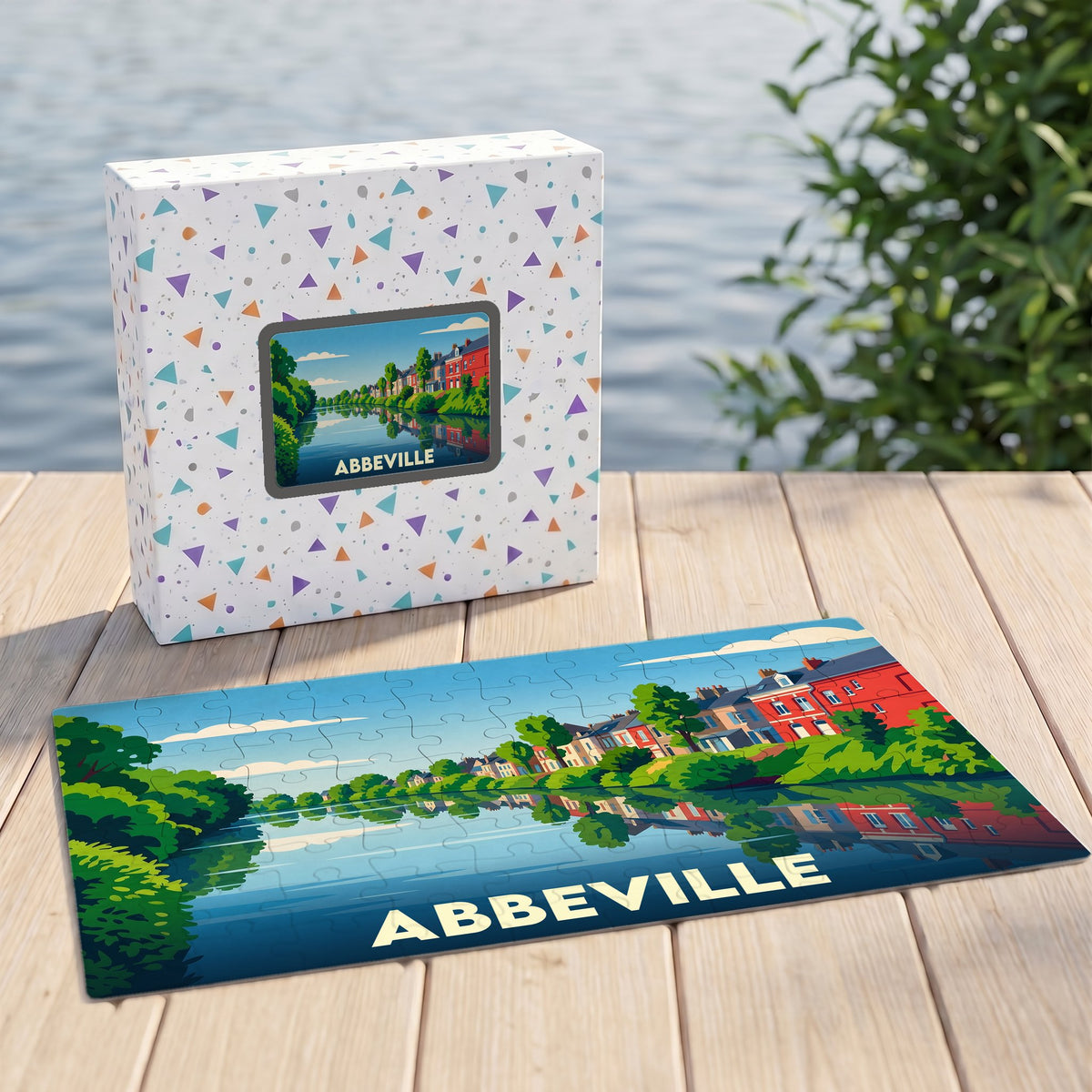Puzzle souvenir de la ville d'Abbeville avec une illustration colorée et stylisée de ses bords de rivière.