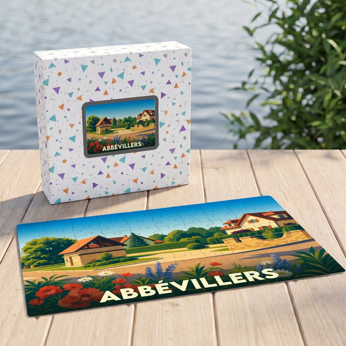 Puzzle souvenir de la ville d'Abbévillers avec une illustration stylisée d'un paysage urbain fleuri.