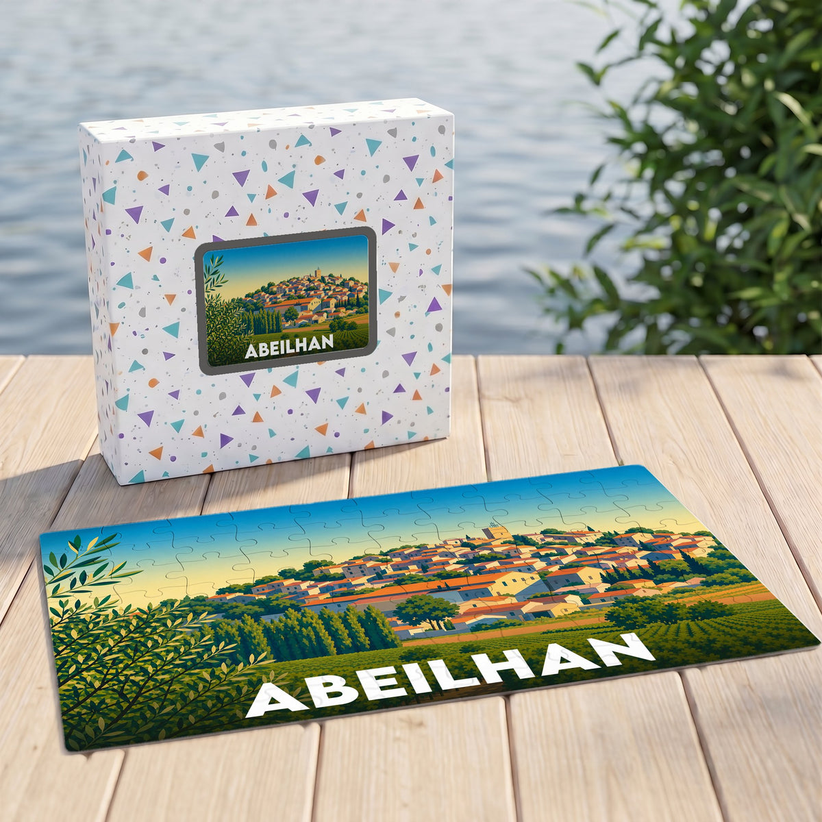 Puzzle souvenir de la ville de Abeilhan présentant une illustration colorée et stylisée de son paysage urbain.