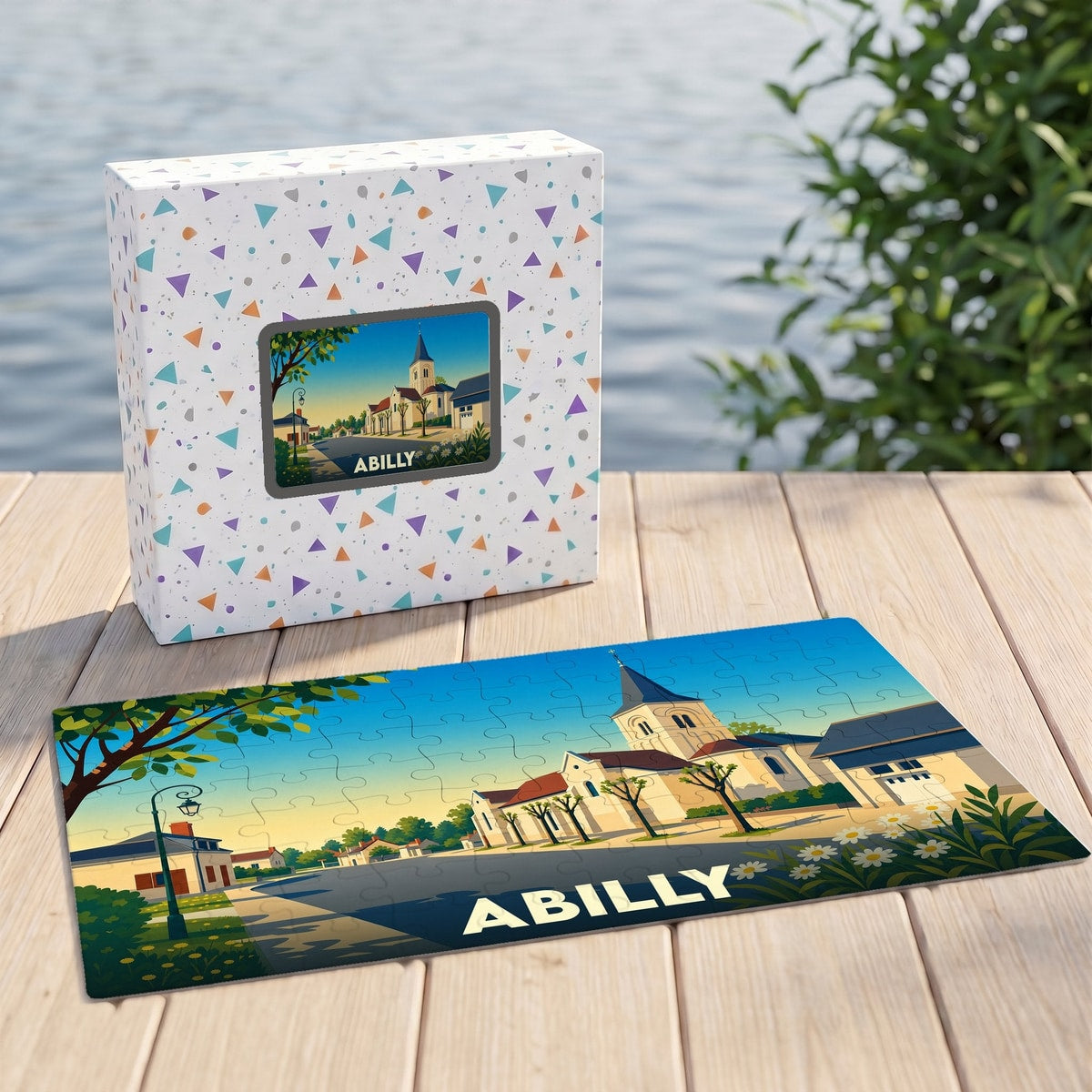 Puzzle souvenir de la ville d'Abilly avec une illustration stylisée et colorée.