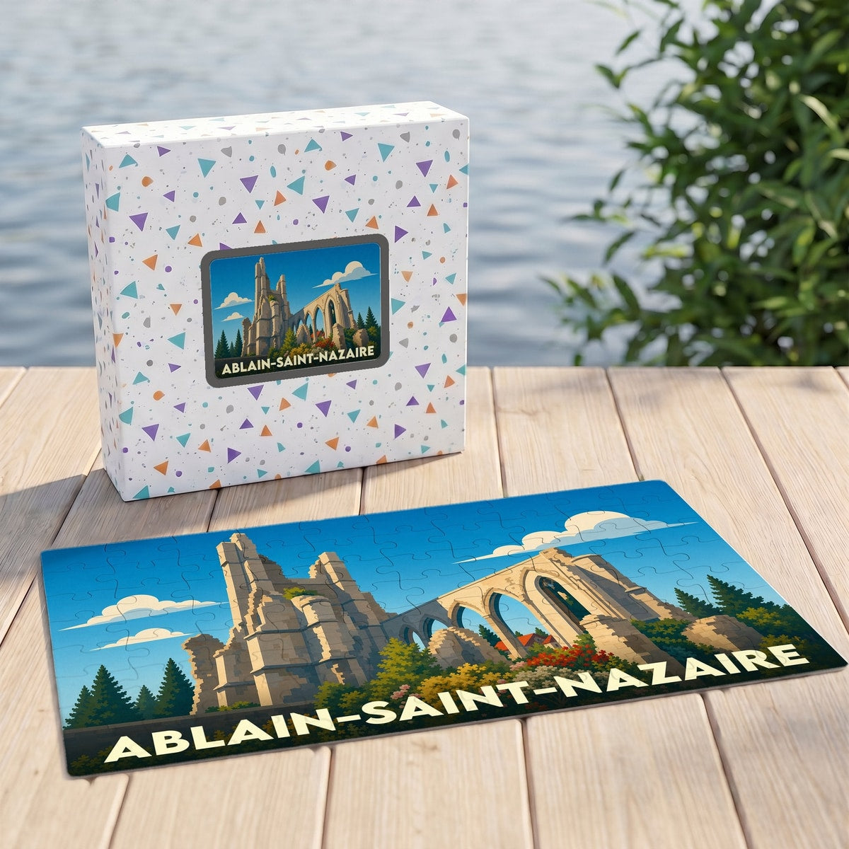 Puzzle souvenir de la ville de Ablain-Saint-Nazaire avec une illustration stylisée de ses ruines historiques.