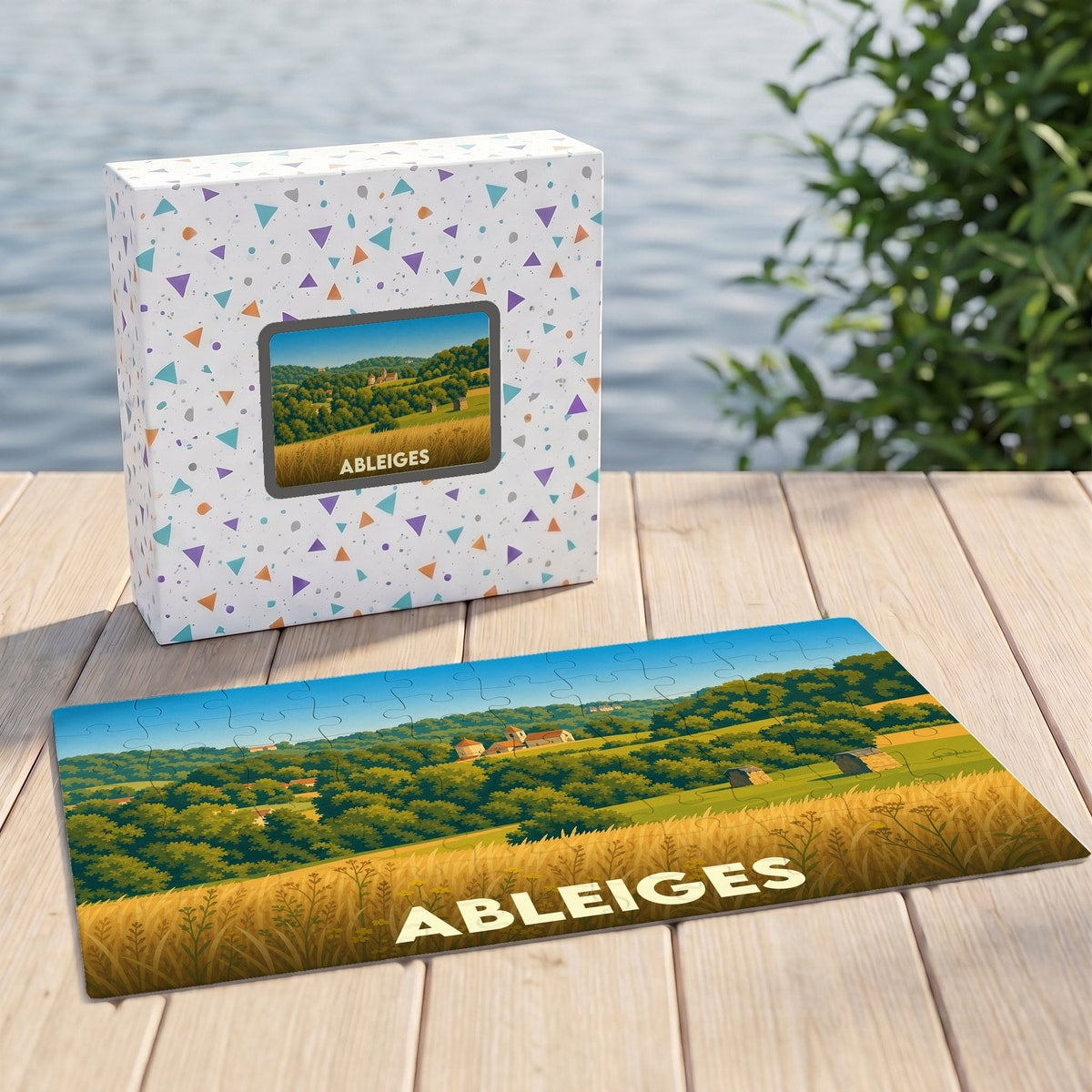 Puzzle souvenir de la ville d'Ableiges avec une illustration de paysage champêtre.