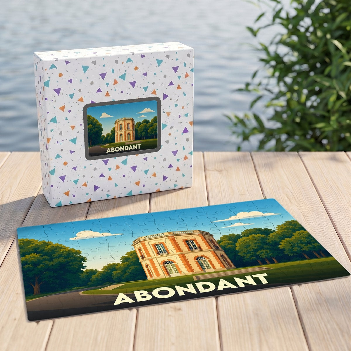 Puzzle souvenir de la ville de Abondant avec une illustration stylisée d'un bâtiment historique.
