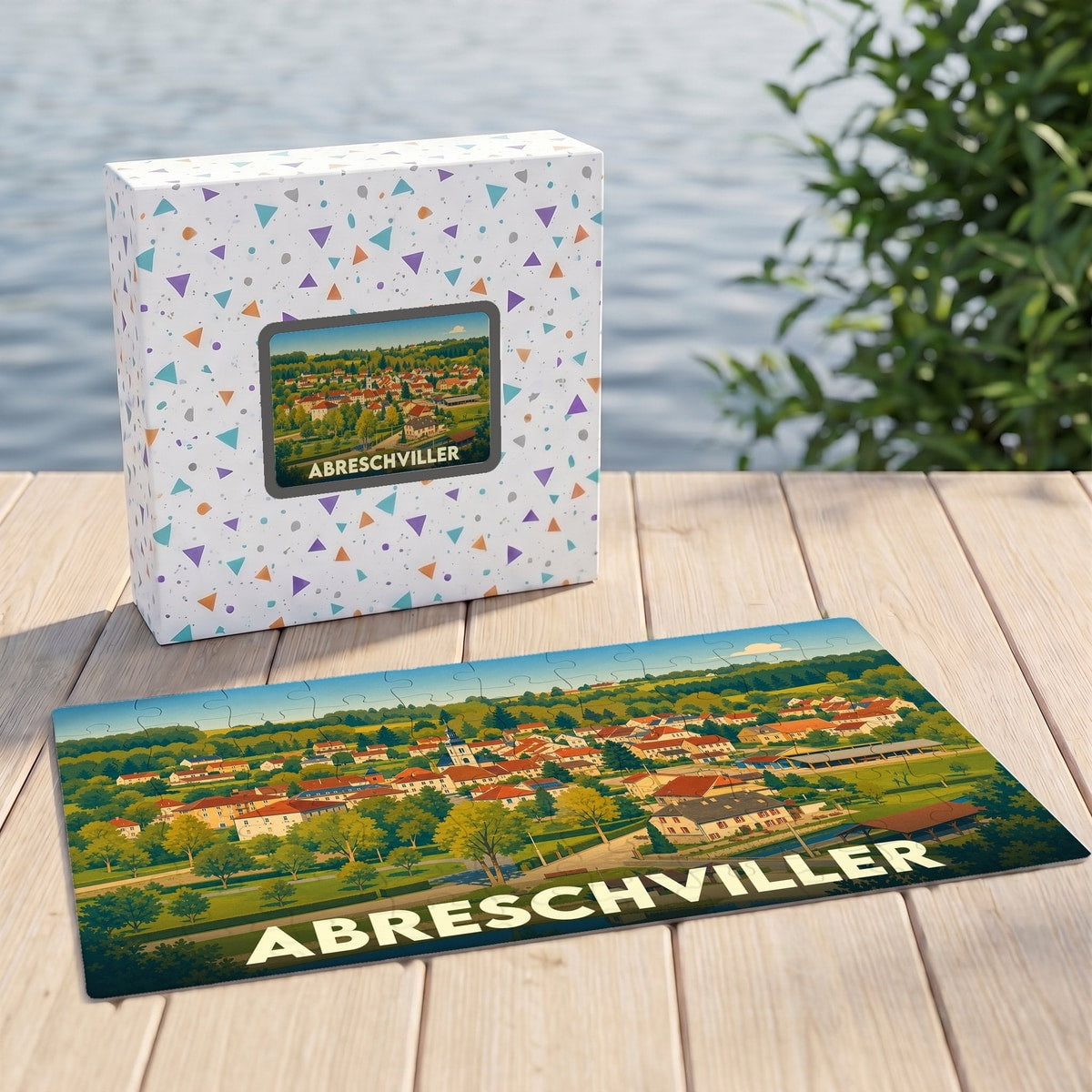 Puzzle souvenir de la ville d'Abreschviller avec une illustration panoramique stylisée.