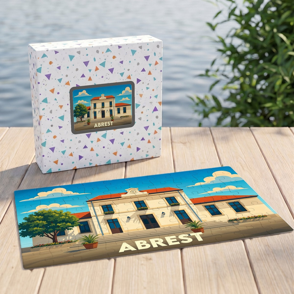 Puzzle souvenir de la ville d'Abrest avec une illustration stylisée de sa mairie.