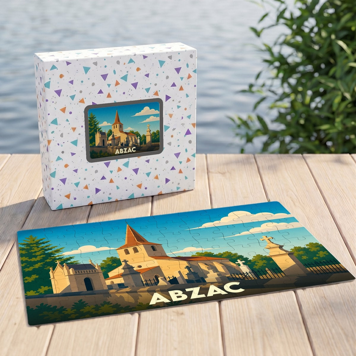 Puzzle souvenir de la ville d'Abzac représentant son église dans un style illustré.