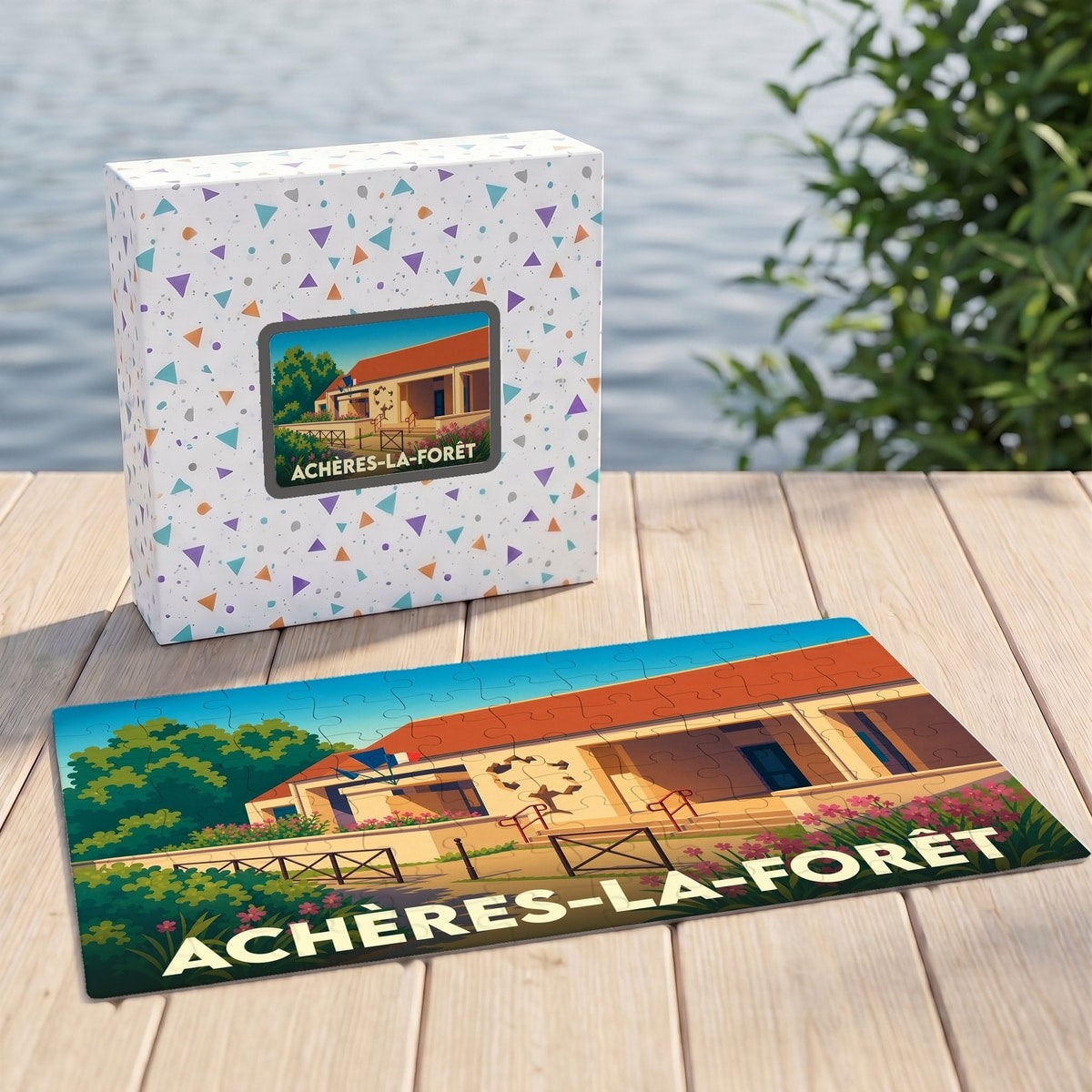 Puzzle souvenir de la ville de Achères-la-Forêt avec une illustration stylisée de sa mairie.
