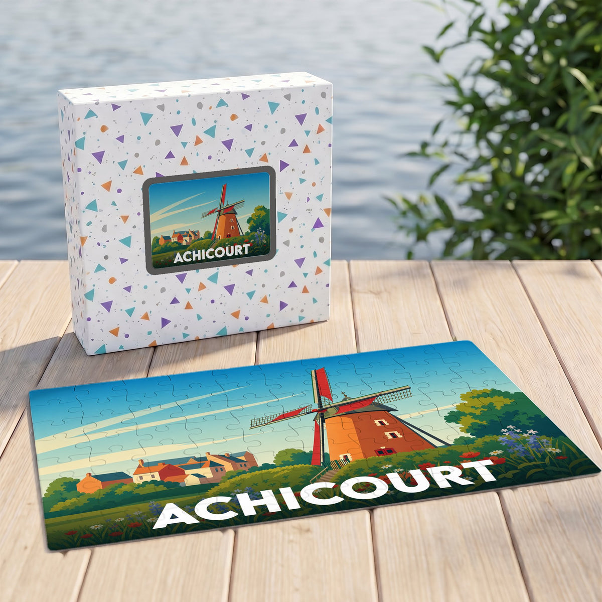 Puzzle souvenir de la ville d'Achicourt avec une illustration stylisée représentant son moulin.