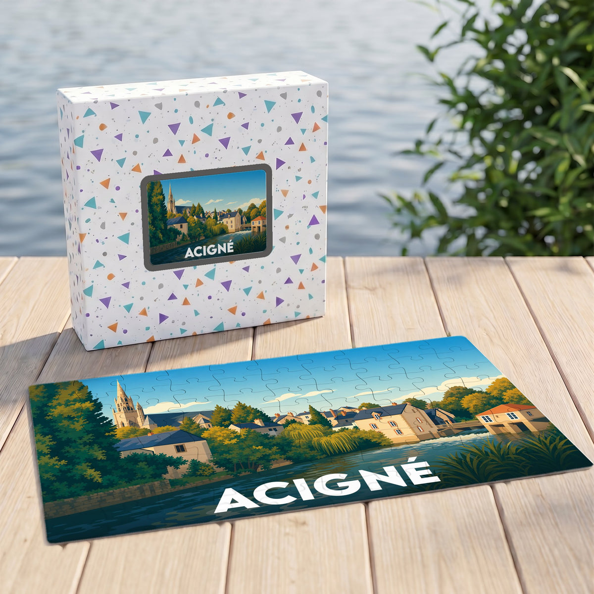 Puzzle souvenir de la ville de Acigné avec une illustration stylisée d'un paysage urbain au bord de l'eau.
