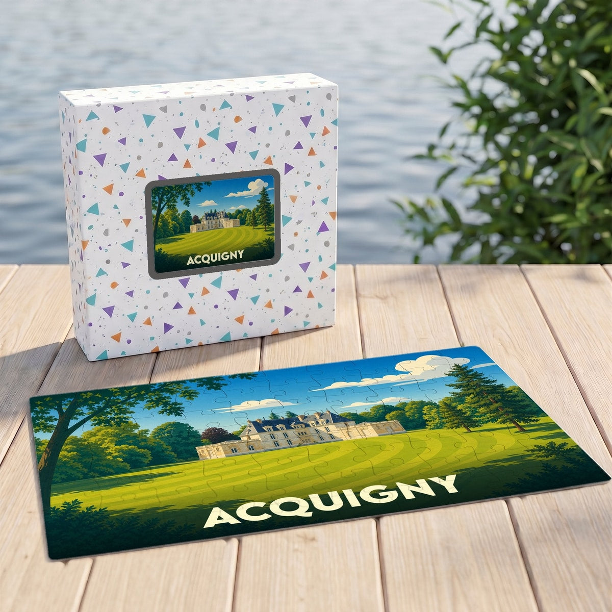 Puzzle souvenir de la ville d'Acquigny avec une illustration stylisée de son château.