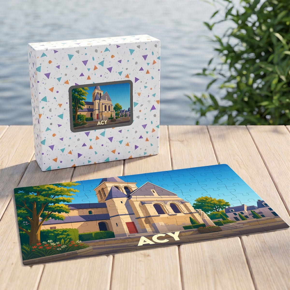 Puzzle souvenir de la ville de Acy avec une illustration stylisée d'une église.