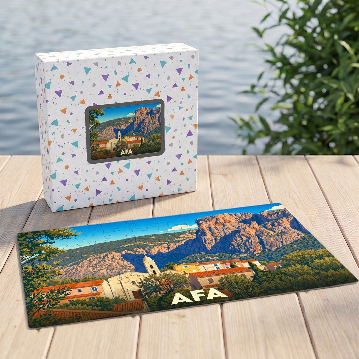 Puzzle souvenir de la ville d'Afa avec une illustration stylisée d'un paysage montagneux corse.